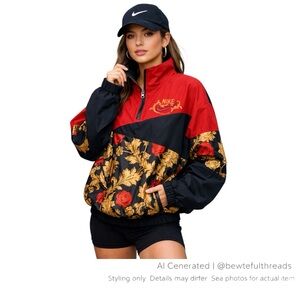 Nike Baroque Floral Half Zip Pullover Jacket Red Black Gold Y2K L
